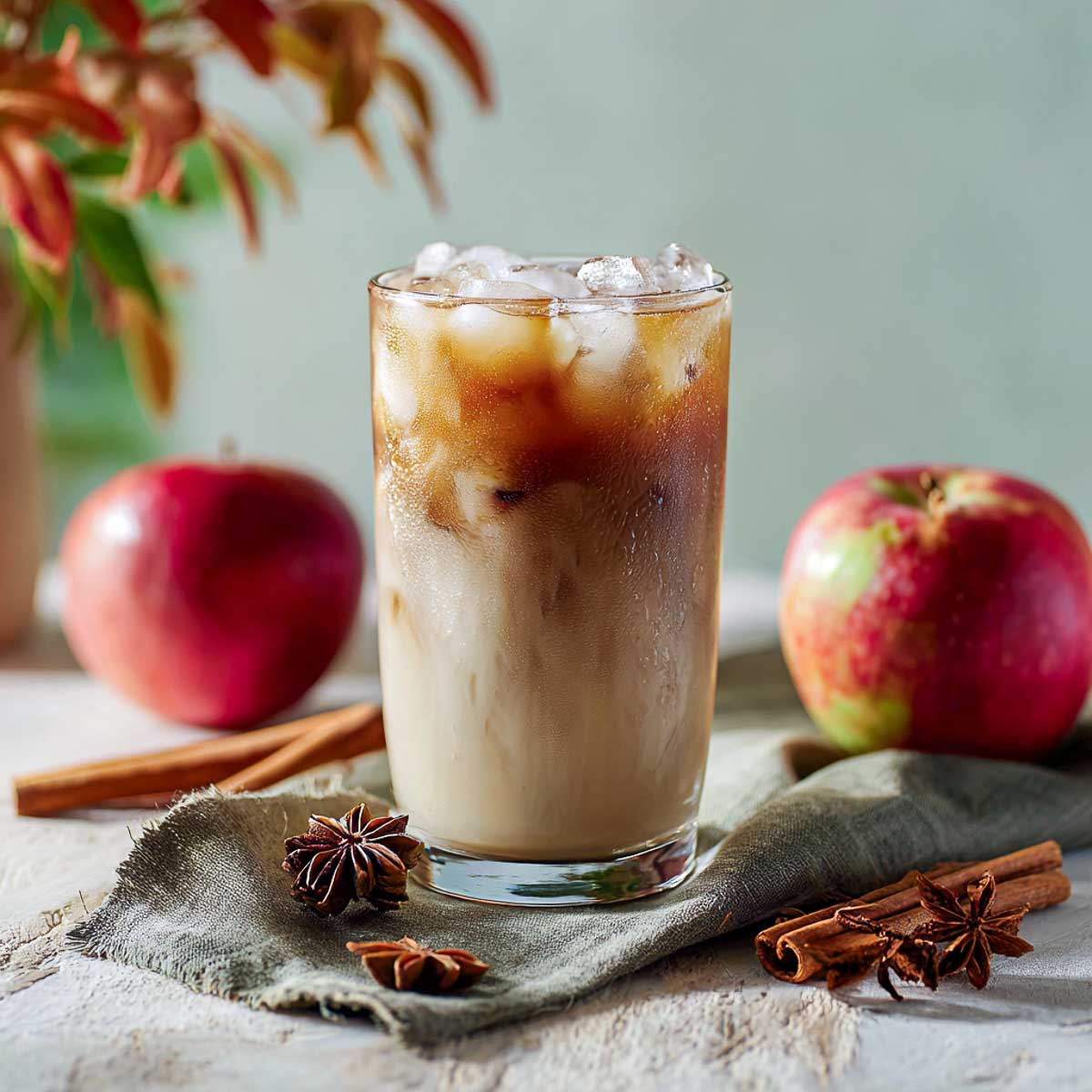 Iced apple macchiato in clear glass with layered coffee and milk.