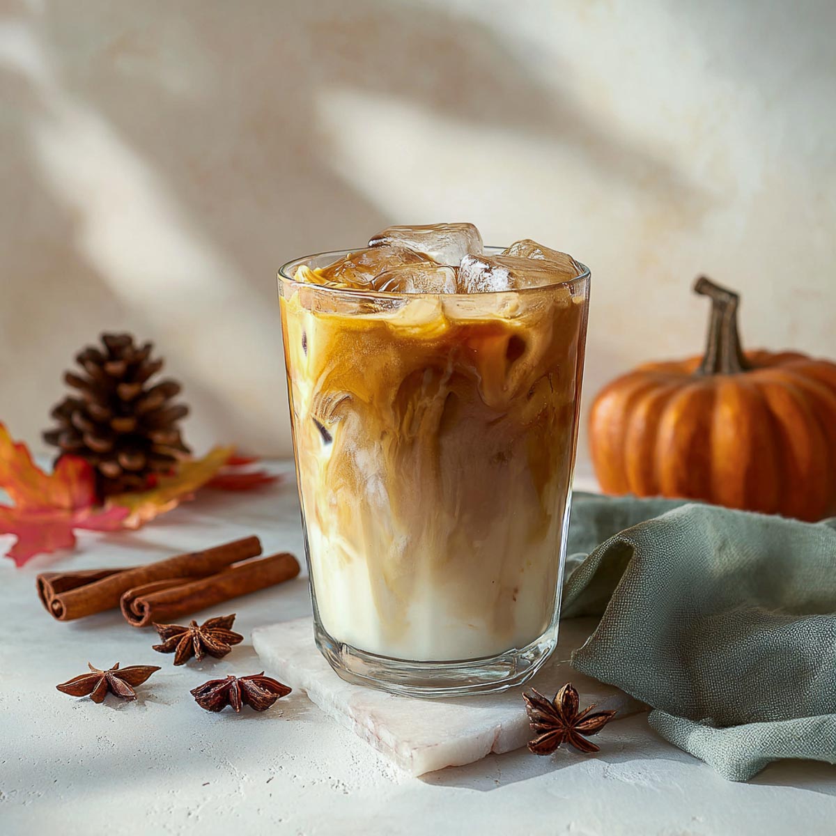 Iced blonde vanilla latte in clear glass with pumpkin cream swirl.