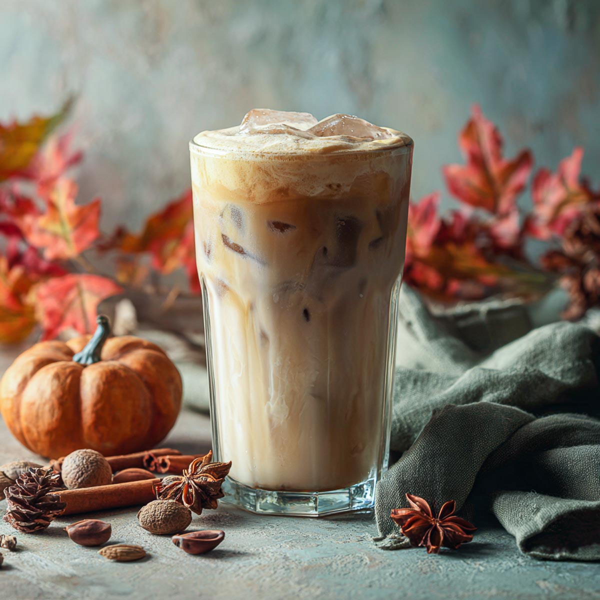 Iced chai latte with oatmilk and pumpkin foam in tall glass.