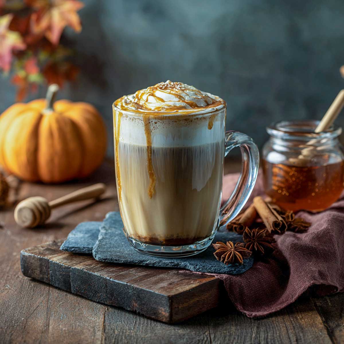 Oatmilk honey latte in glass mug with thick pumpkin cold foam.