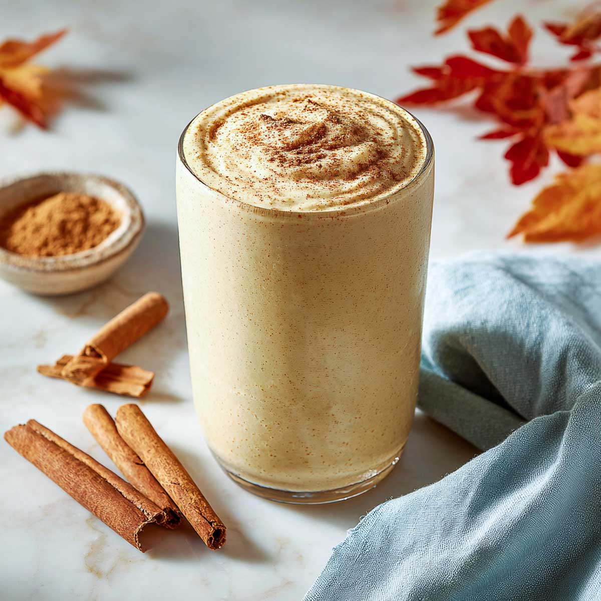 Pumpkin banana smoothie with cinnamon swirl in glass.
