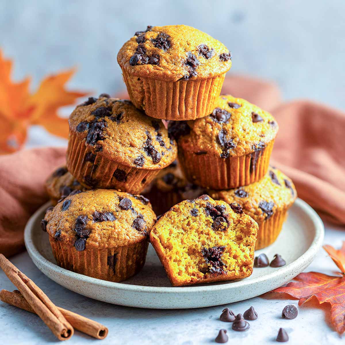 Stack of pumpkin chocolate chip muffins on a plate with cinnamon sticks and scattered chocolate chips.