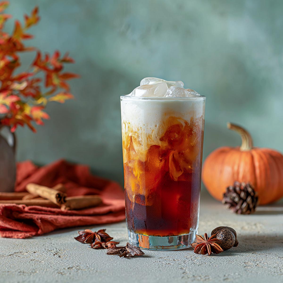 Iced black tea in glass topped with creamy pumpkin cold foam.