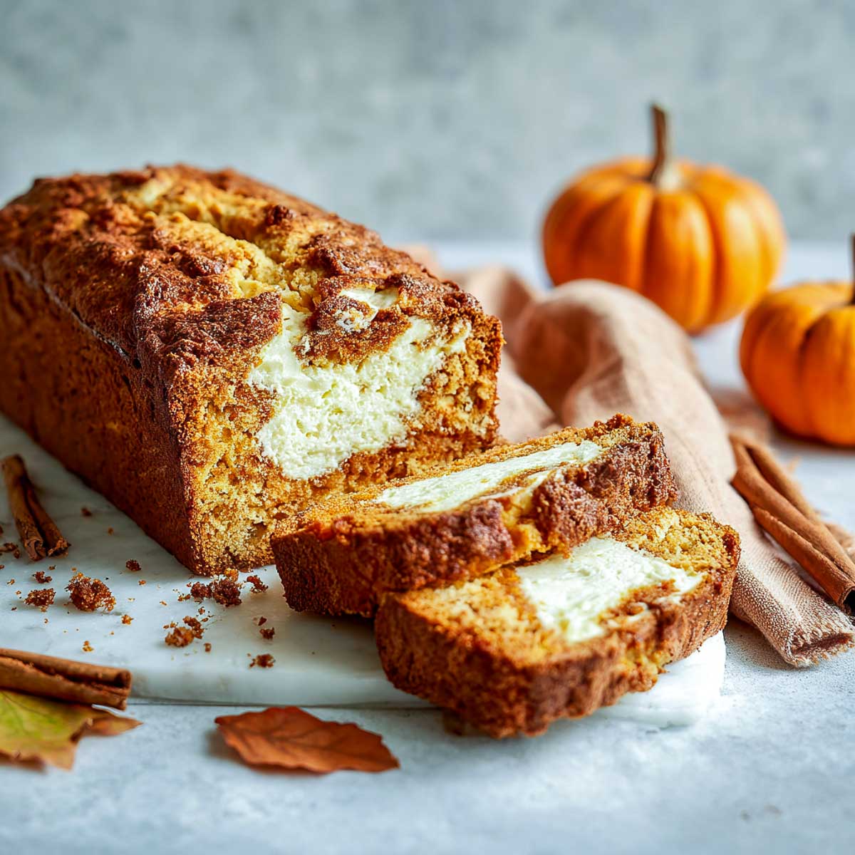 Side view of pumpkin cream cheese bread with thick swirl slices.
