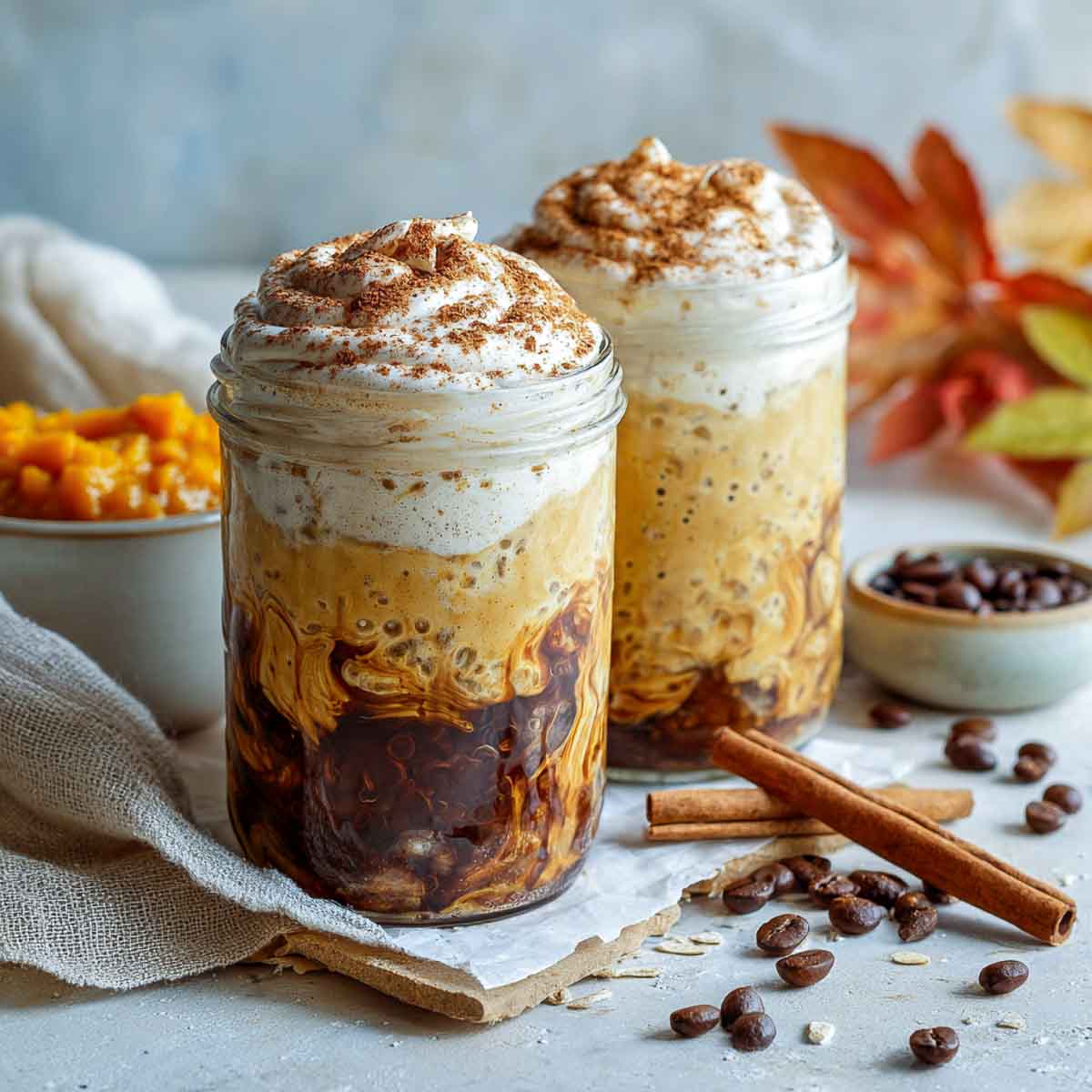 Two jars of pumpkin cream cold brew overnight oats on marble surface.
