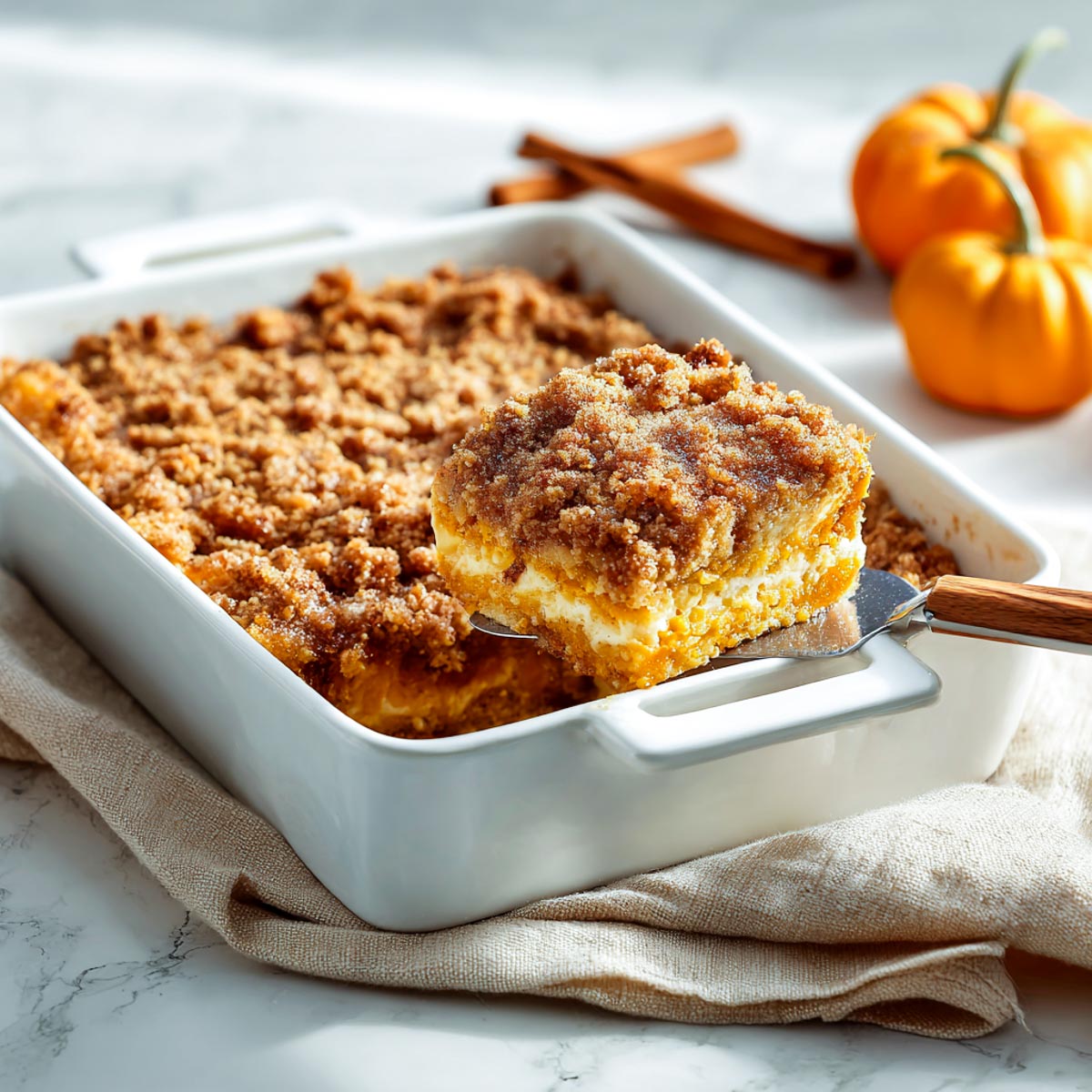Pumpkin French toast bake in a white dish with a slice being lifted out to show layers and crumbly streusel topping.