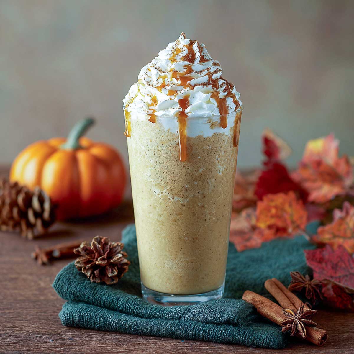 Pumpkin pie frappuccino in tall clear glass with whipped cream.