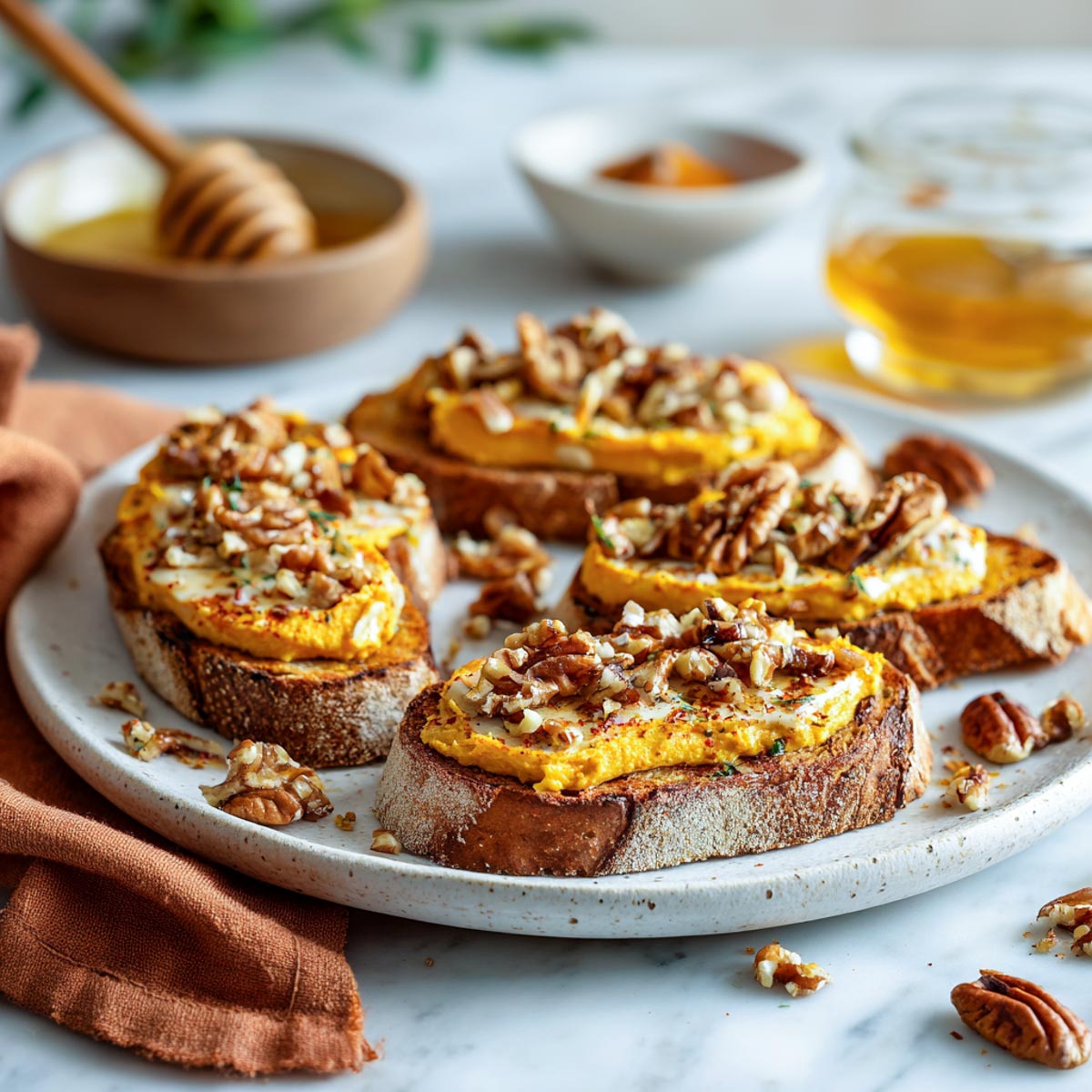 Rustic bread with pumpkin ricotta, honey drizzle, and walnuts.