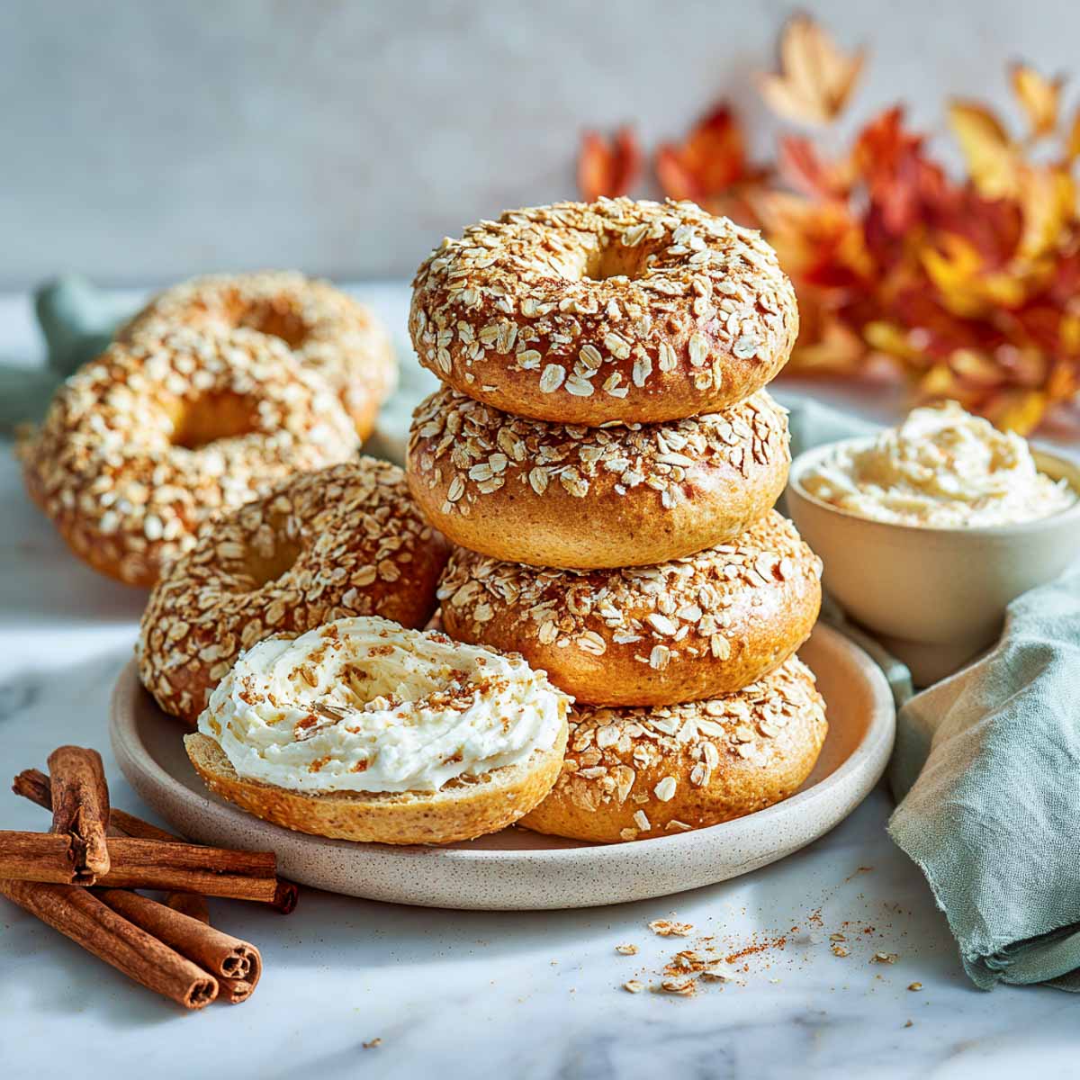 Slightly angled view of stacked pumpkin spice bagels with oats, served with maple cream cheese spread in a bowl and cinnamon sticks on a marble surface.