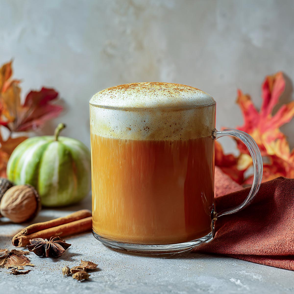 Hot pumpkin spice latte in a clear glass mug with foamy top.