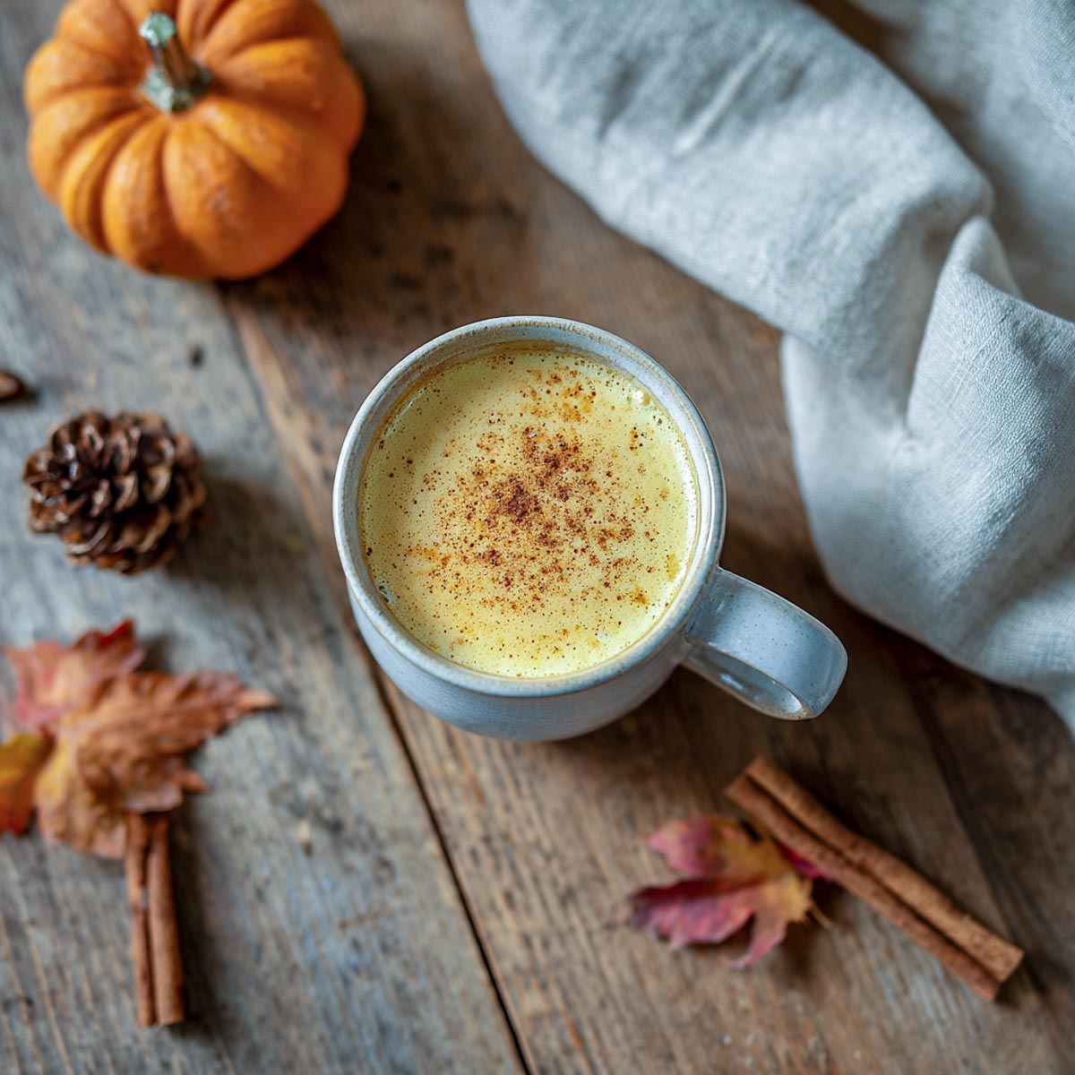 Hot pumpkin spice steamer in ceramic mug with foamy cinnamon top.
