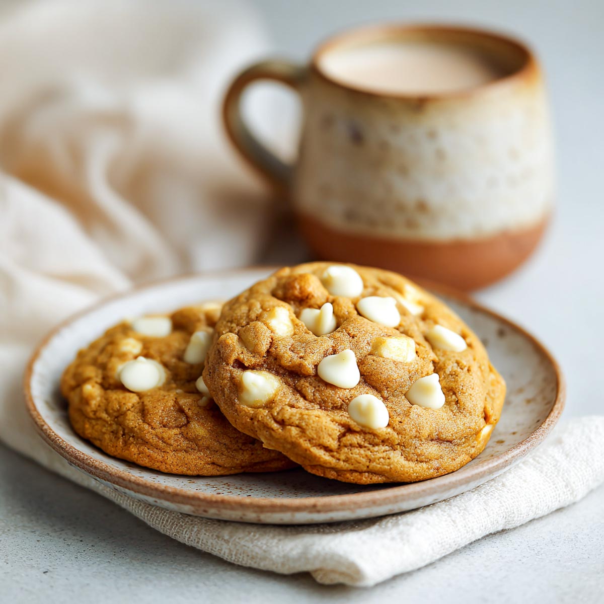 Chewy pumpkin cookies with white chocolate chips and a soft golden color.