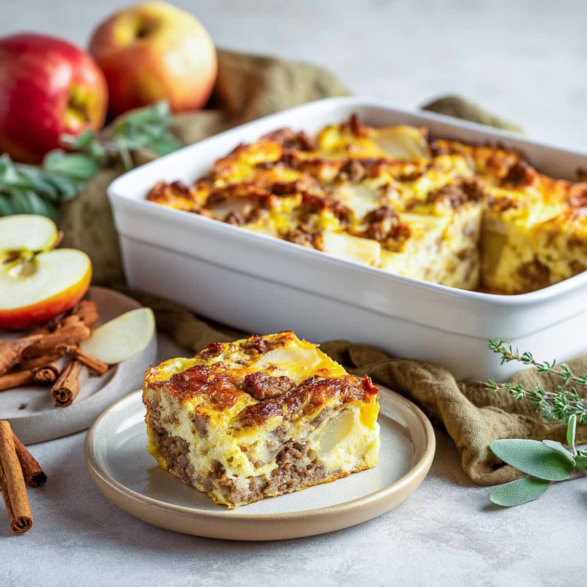 Square of sausage and apple breakfast casserole on ceramic plate.