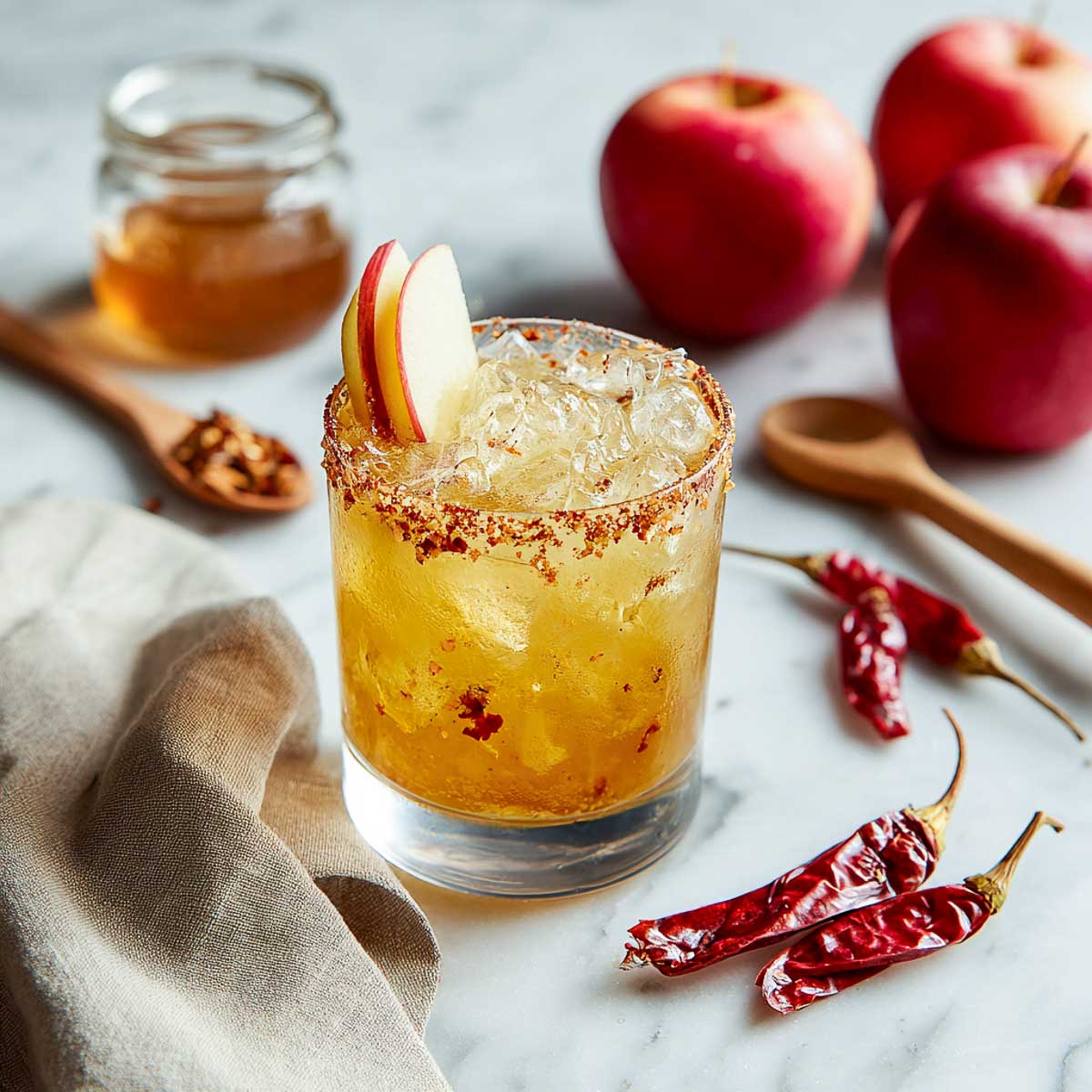 Golden apple tequila cocktail with chili rim and apple slices on top.