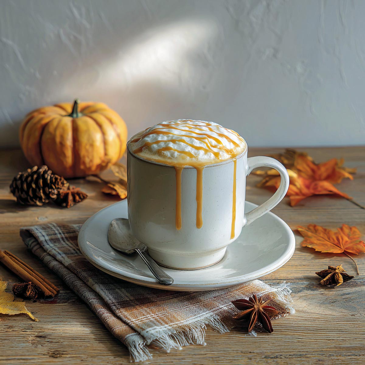 Hot toasted white chocolate mocha in mug with pumpkin drizzle.