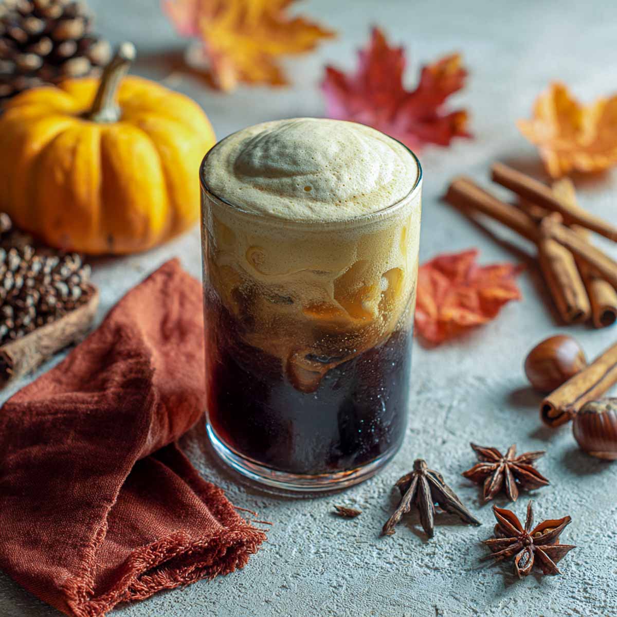 Vanilla sweet cream cold brew in a glass with pumpkin foam.