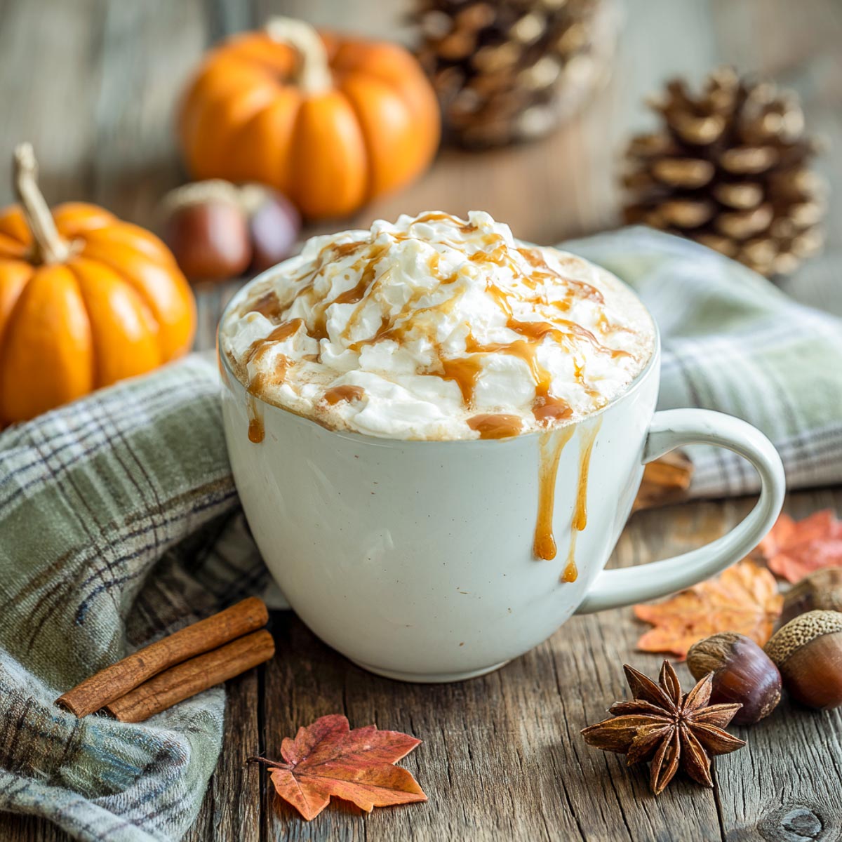 White chocolate mocha in large mug with whipped cream and drizzle.