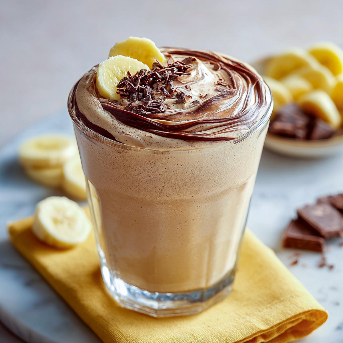 Banana chocolate cake shake topped with banana slices and chocolate shavings.