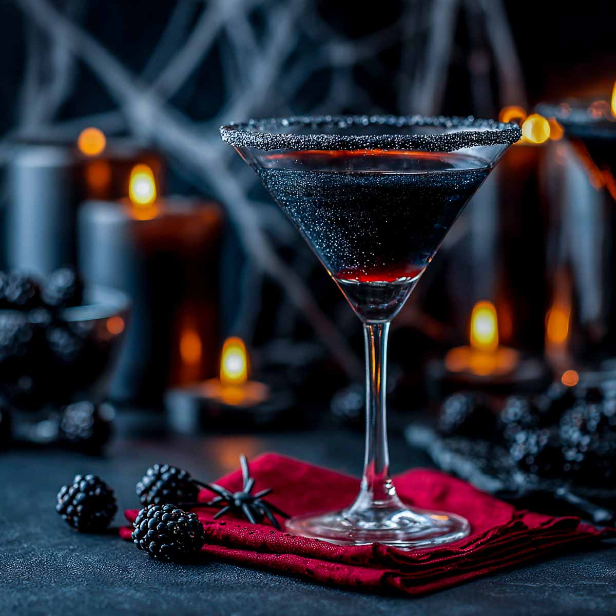 Black vodka martini with blackberry liqueur and edible glitter.
