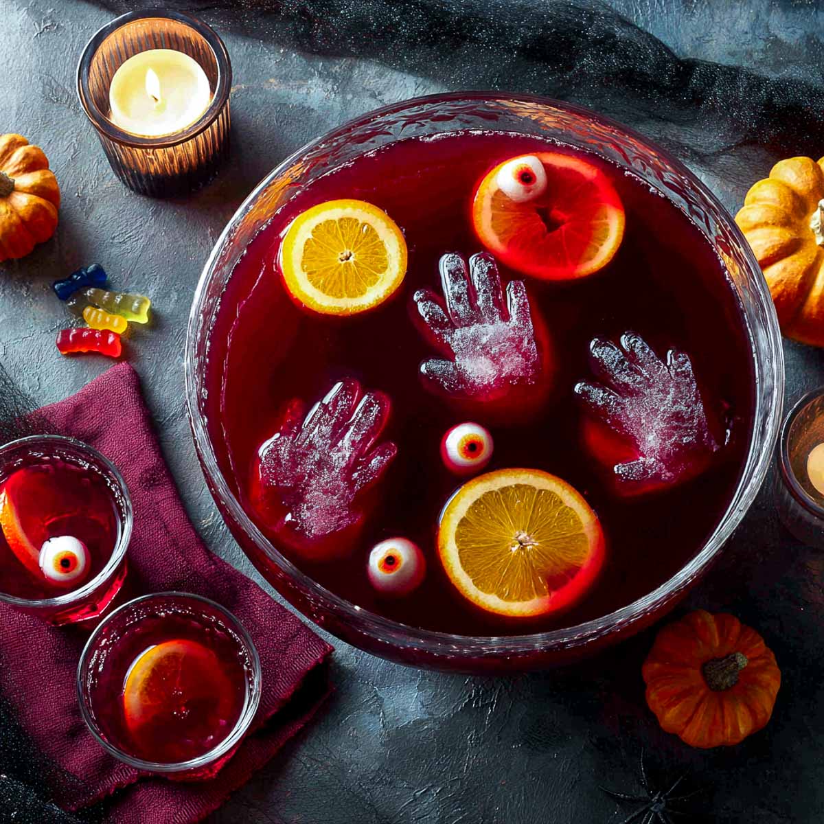 Bloody Halloween party punch with floating frozen hand ice, orange slices, and eyeball candies in a punch bowl with glasses.