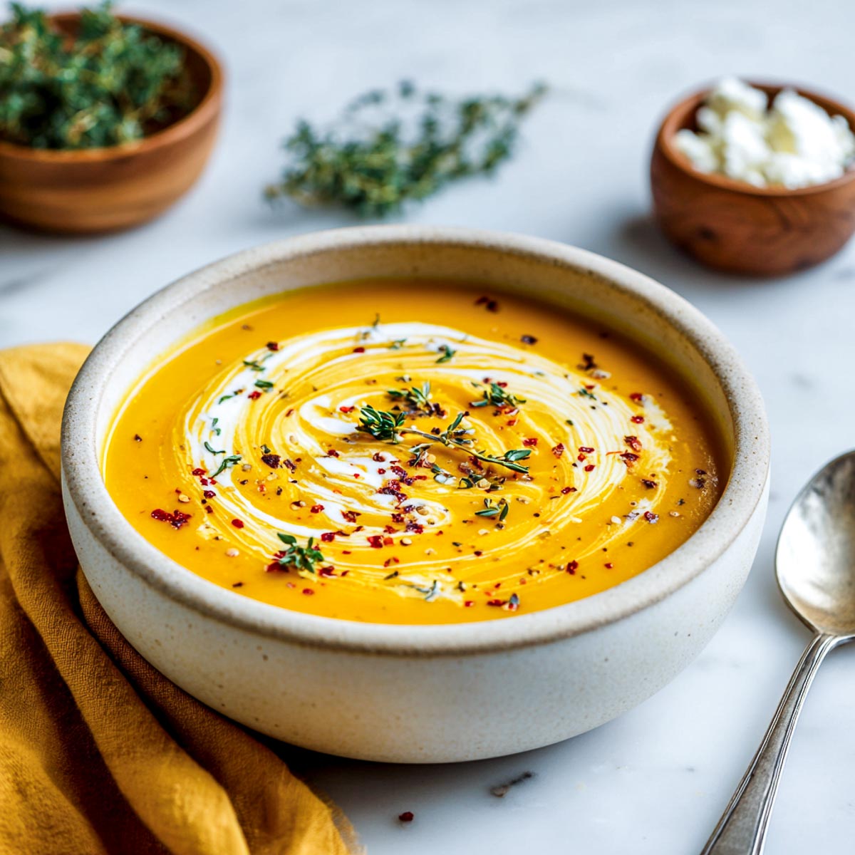 Butternut squash soup with cream swirl, chili flakes, and thyme in white bowl.