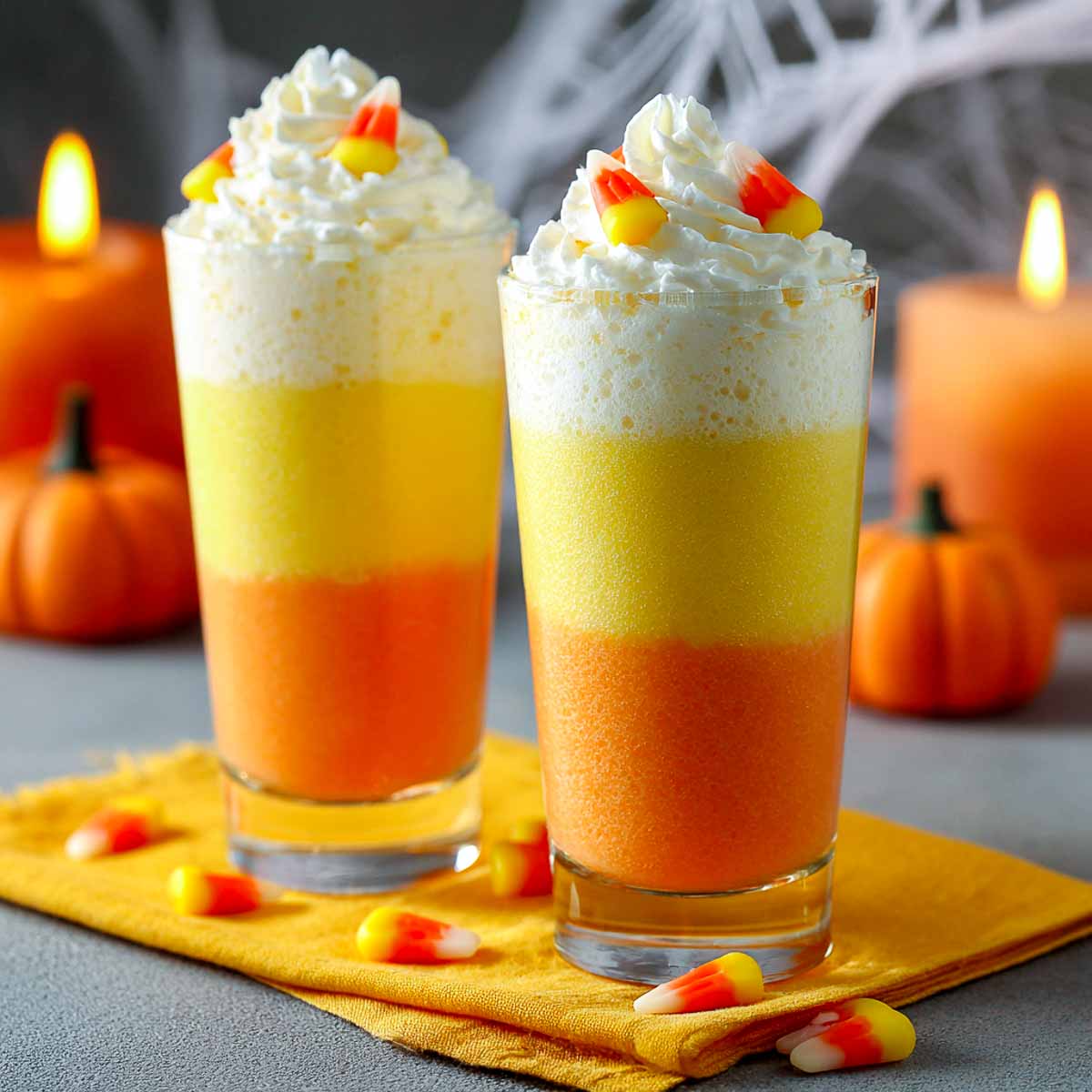 Two layered Candy Corn smoothies with whipped cream and candy corn garnish.