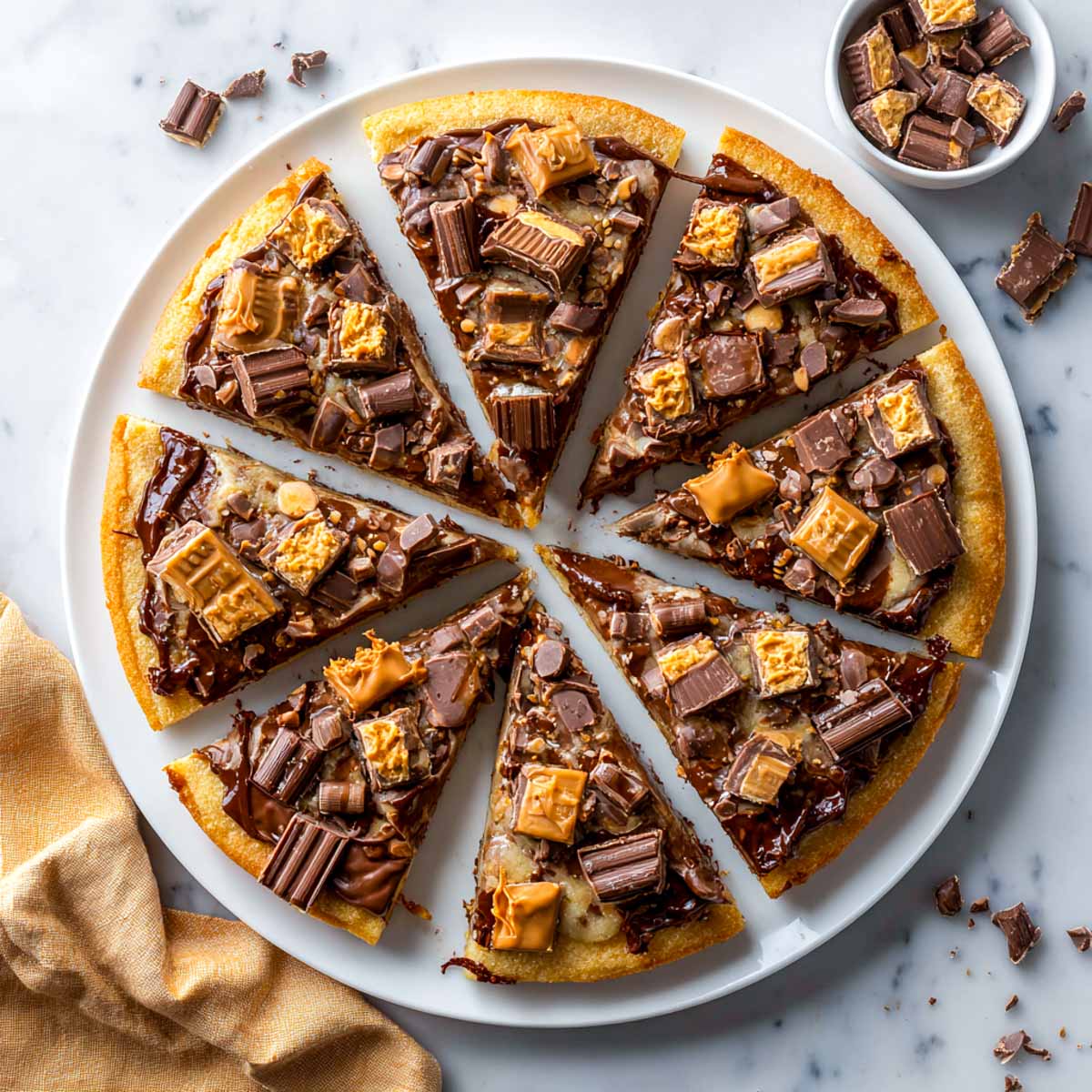 Cookie crust dessert pizza topped with melted chocolate and chopped candy bars.