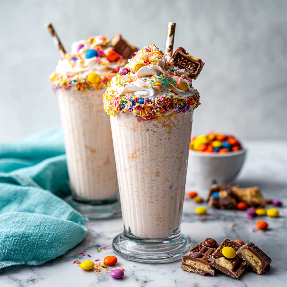 Creamy milkshakes topped with whipped cream, sprinkles, and candy pieces.