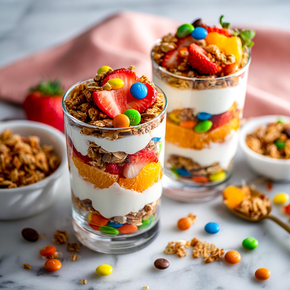 Yogurt parfaits layered with fruit, granola, and colorful Halloween candy.