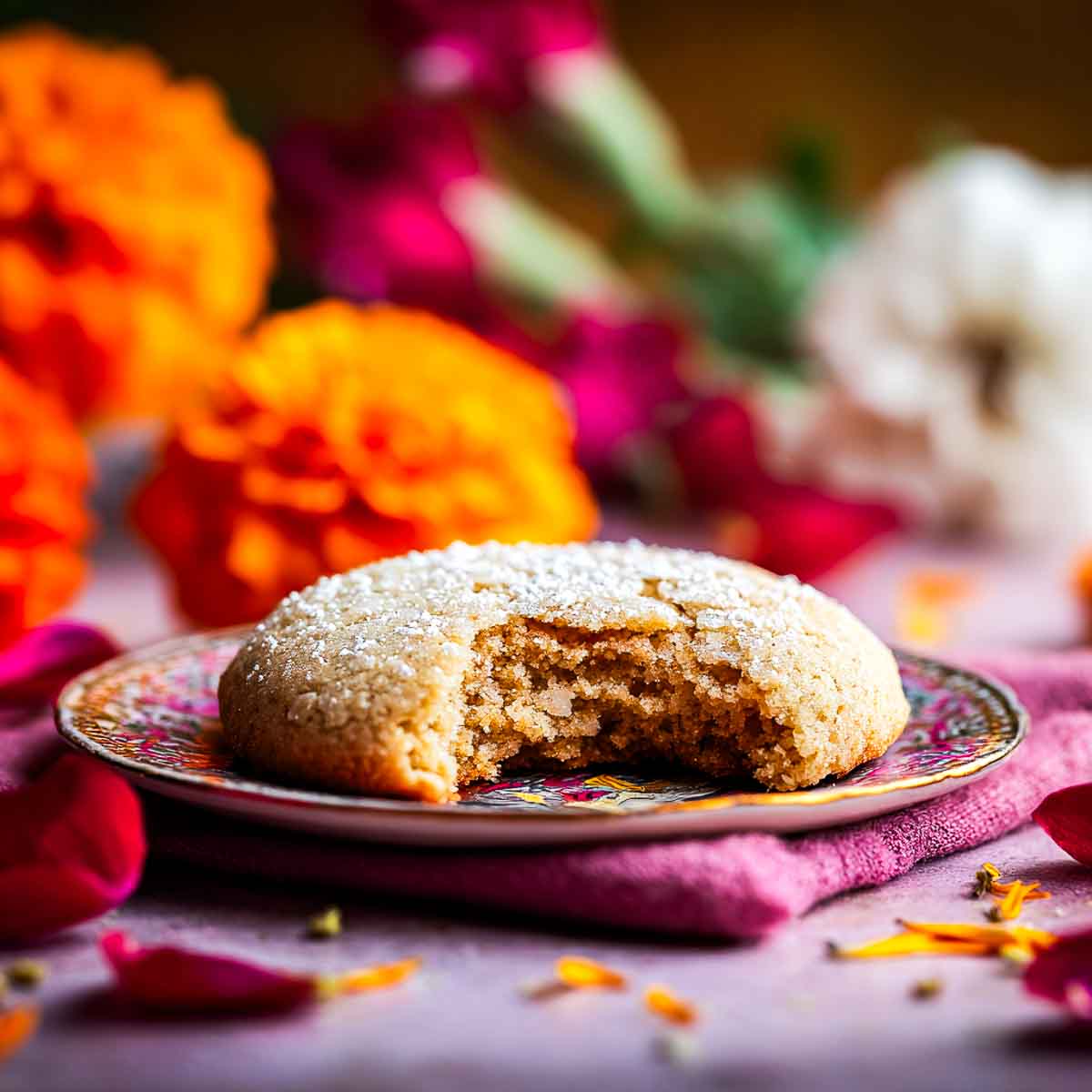 Chai-spiced almond cookie with bite taken, showing soft crumb texture.