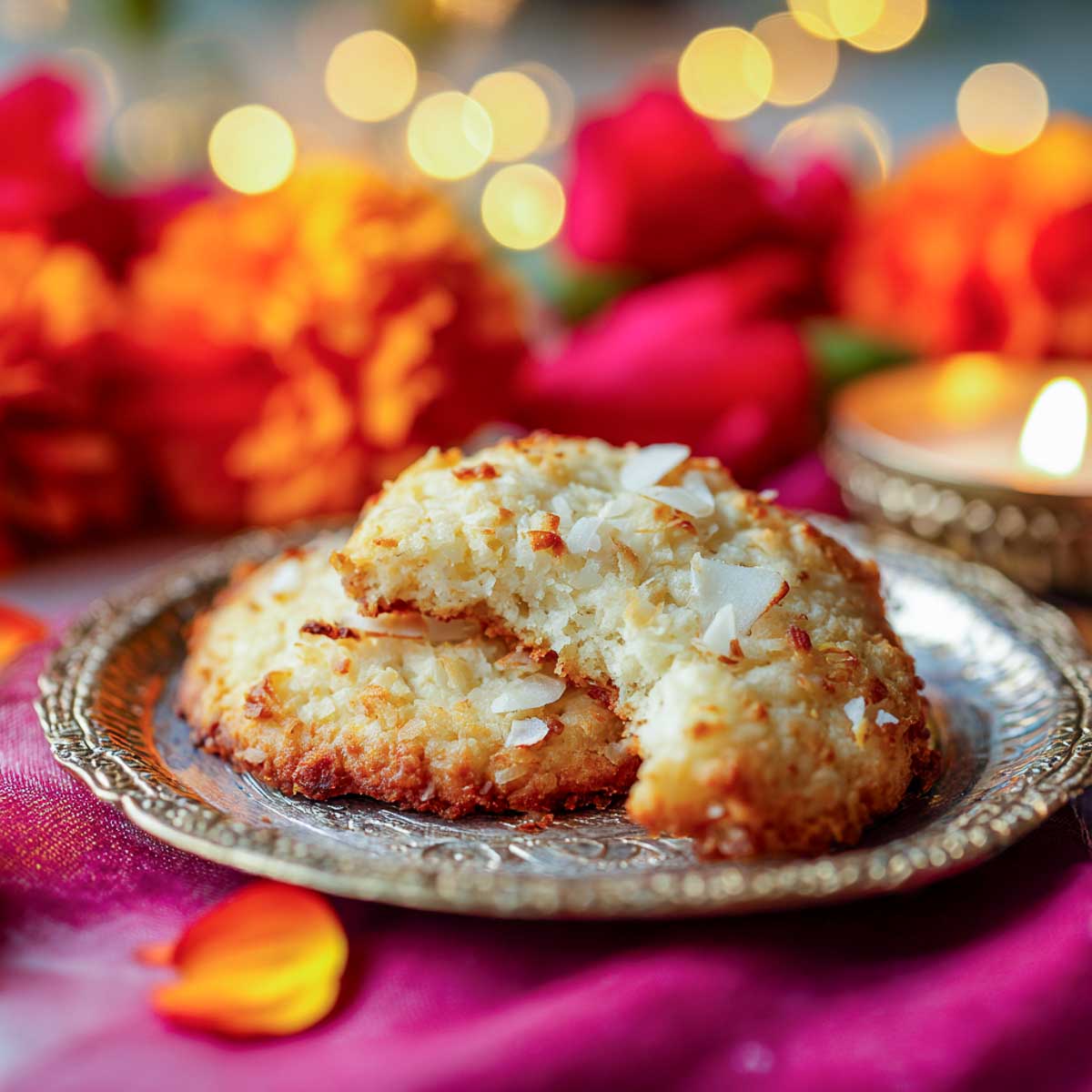 Close-up of coconut cardamom cookie with bite showing moist chewy texture.