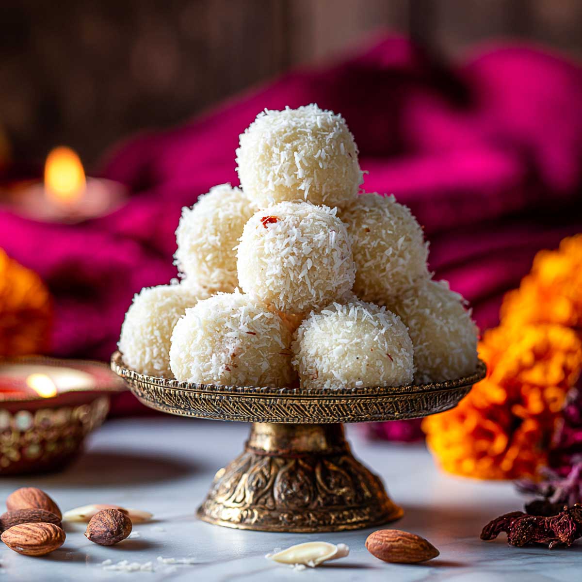 Pile of coconut ladoos on an ornate pedestal stand with festive decor.