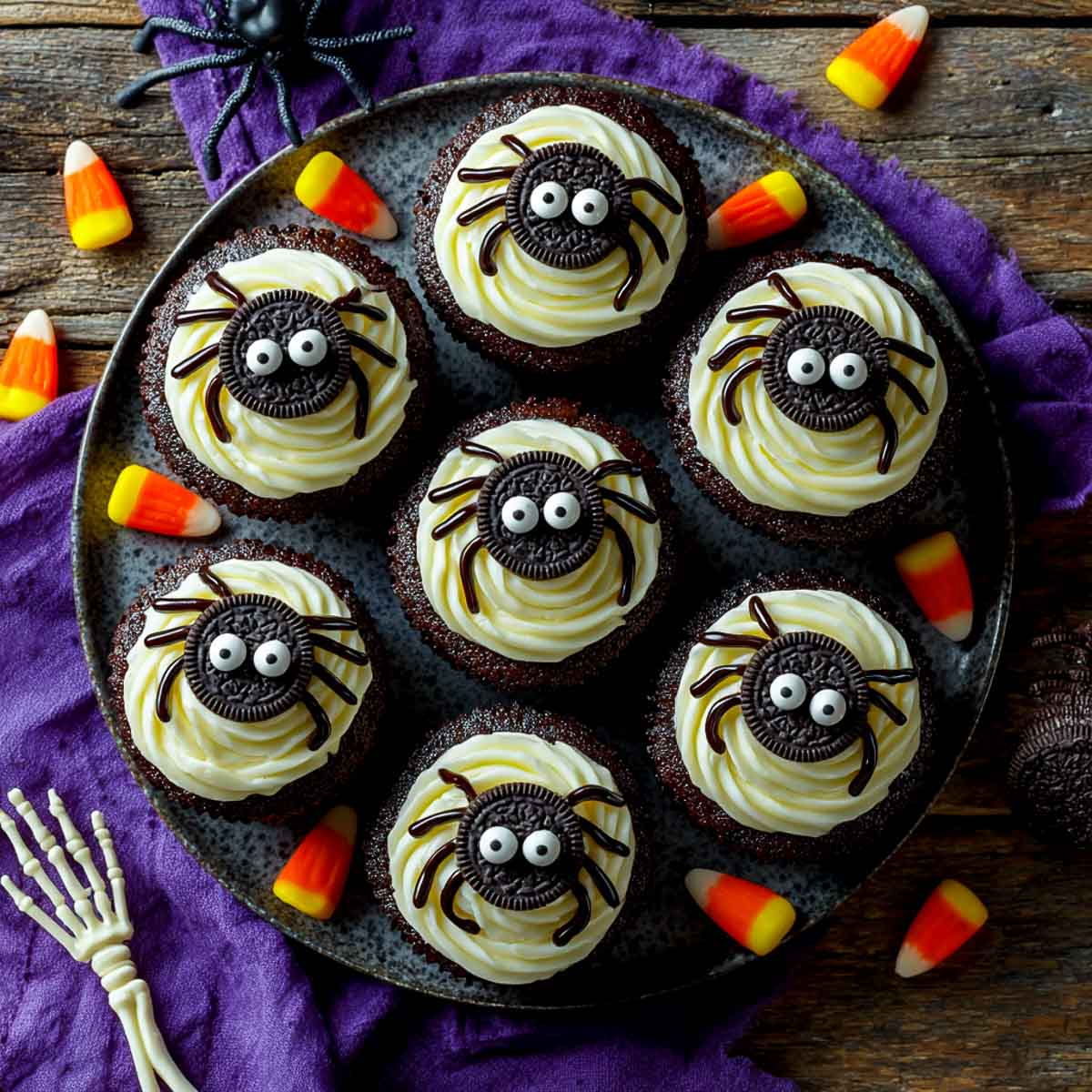 Halloween spider cupcakes with mini Oreo bodies, candy eyes, and piped legs.