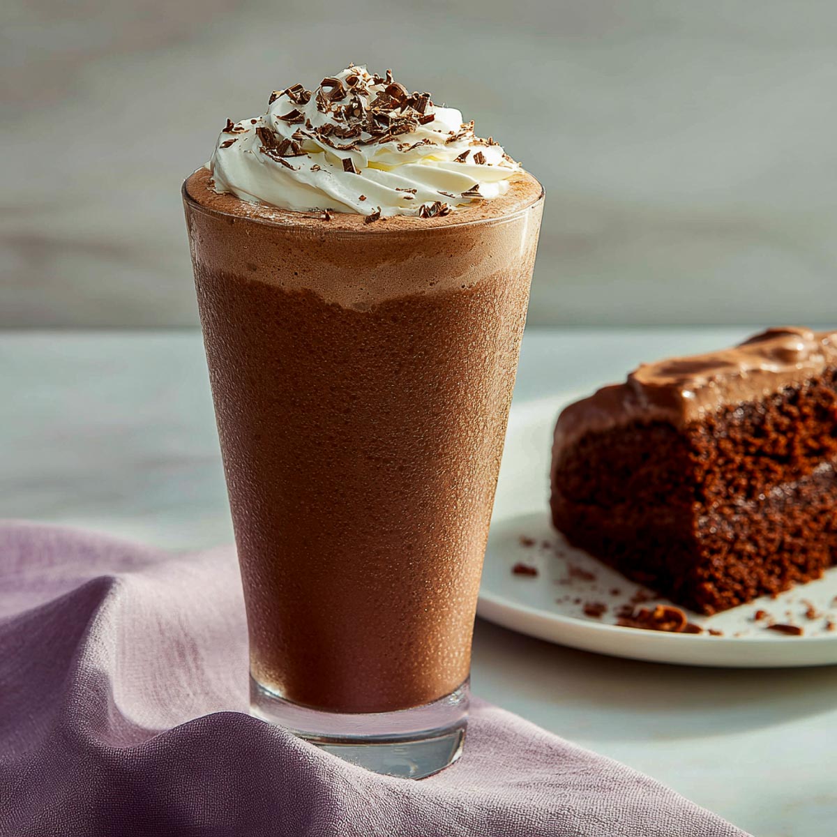 Thick Portillo’s chocolate cake shake topped with whipped cream and chocolate.