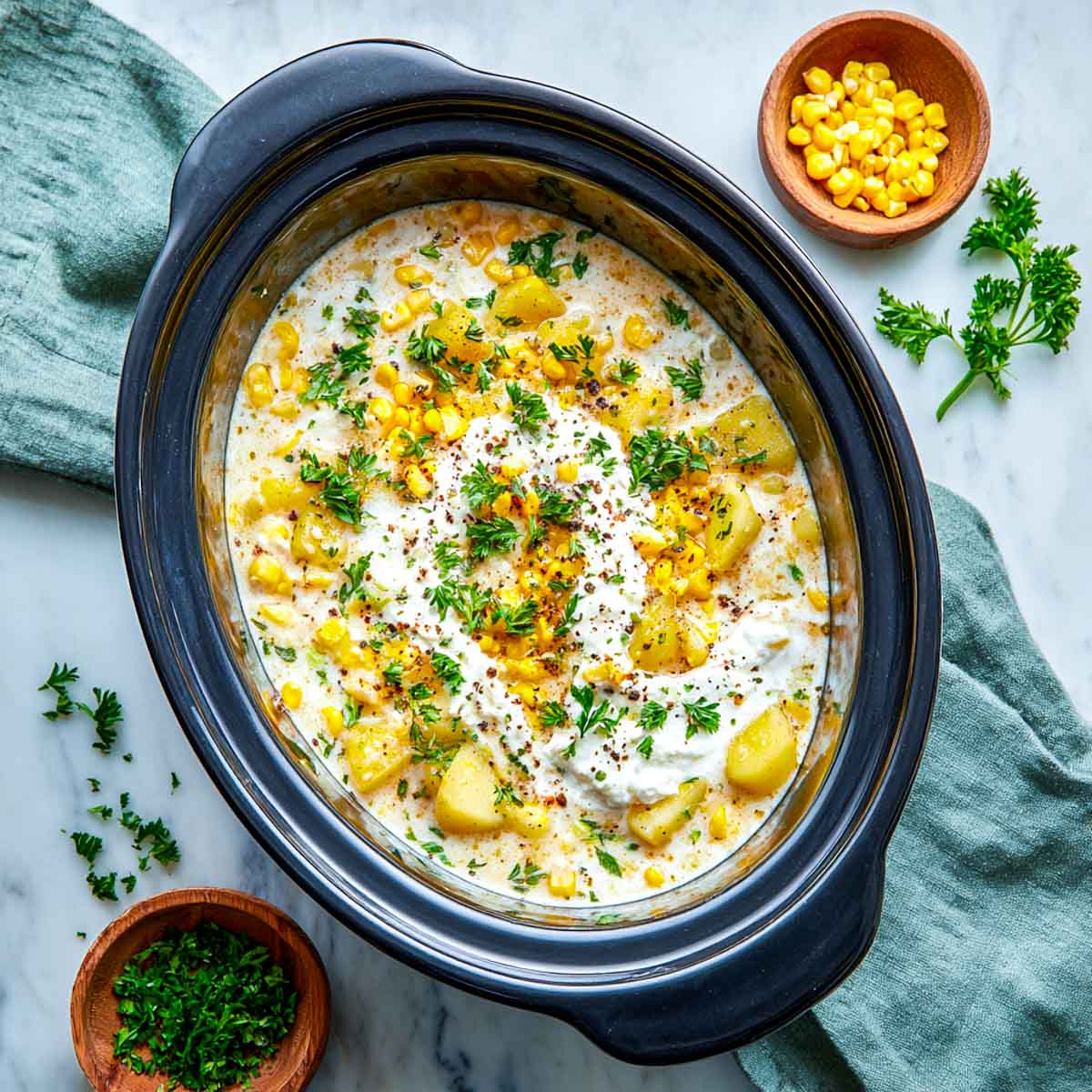 Corn chowder with potatoes, parsley, and cottage cheese in a black crockpot.