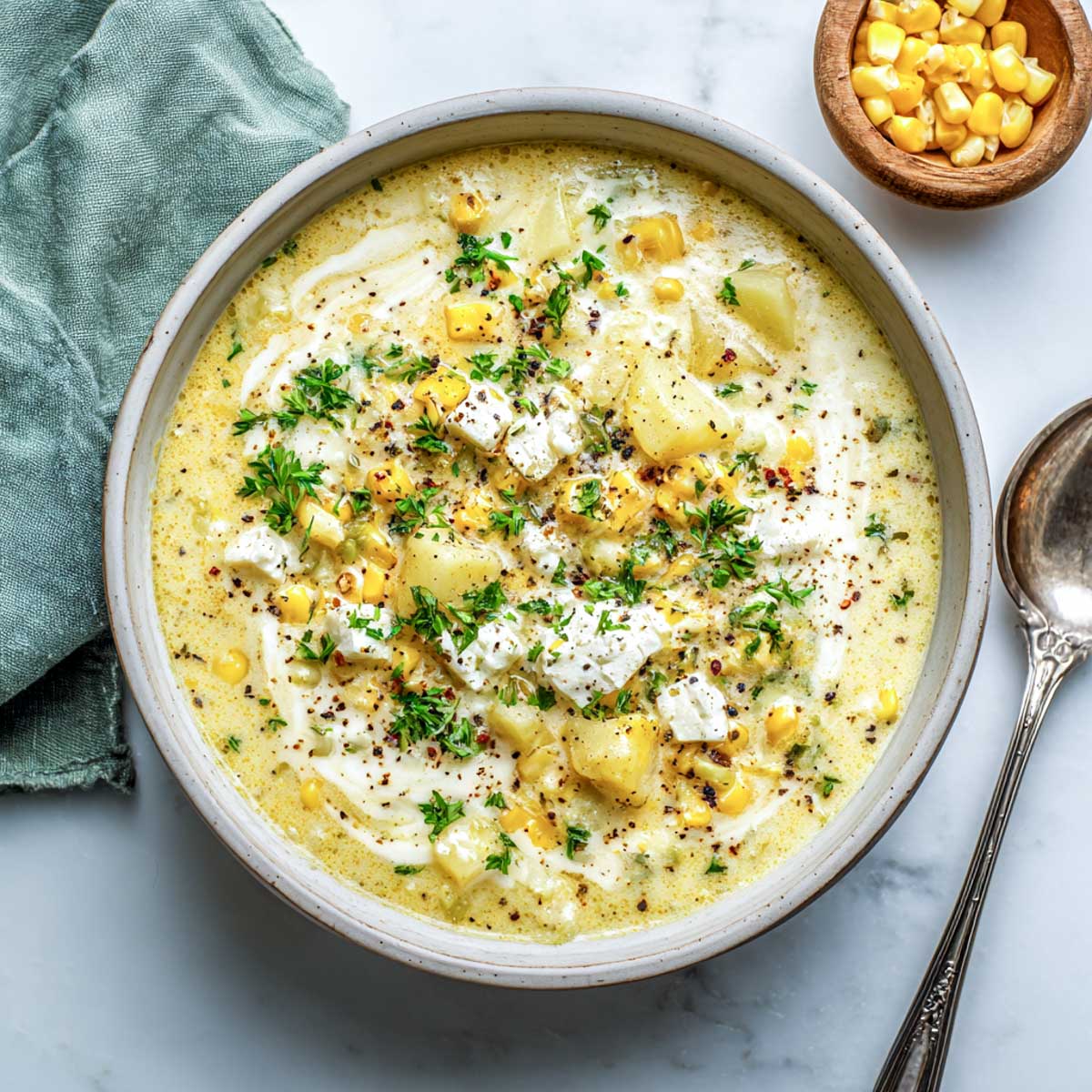 Top view of a bowl of corn chowder placed on a marble surface.