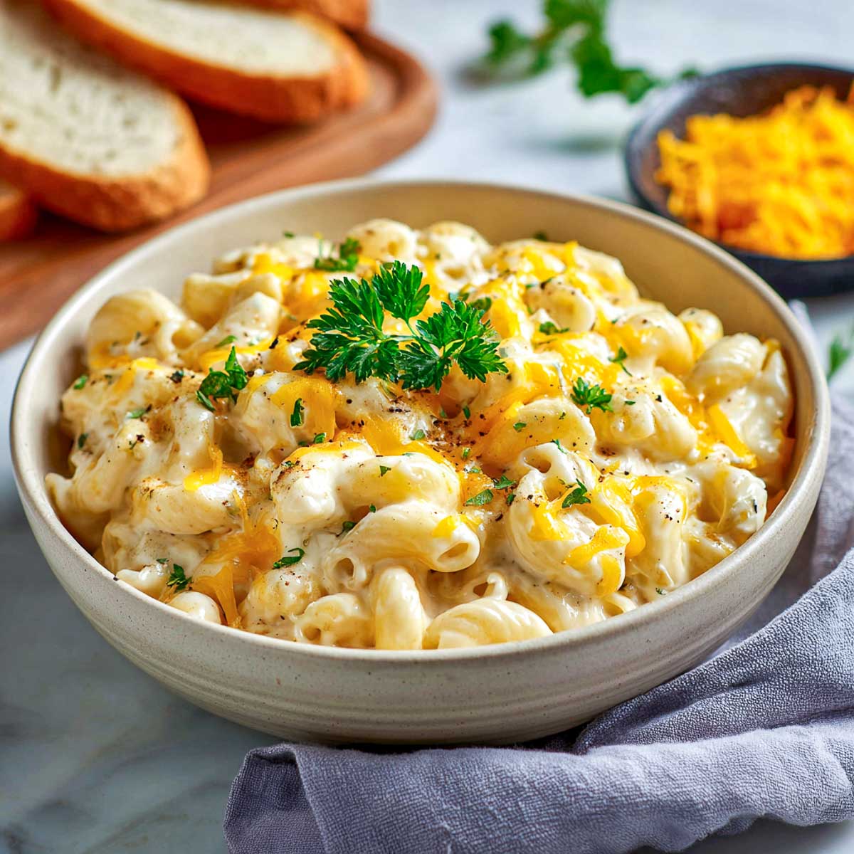 Creamy mac and cheese in crockpot with elbow pasta and cheddar topping.