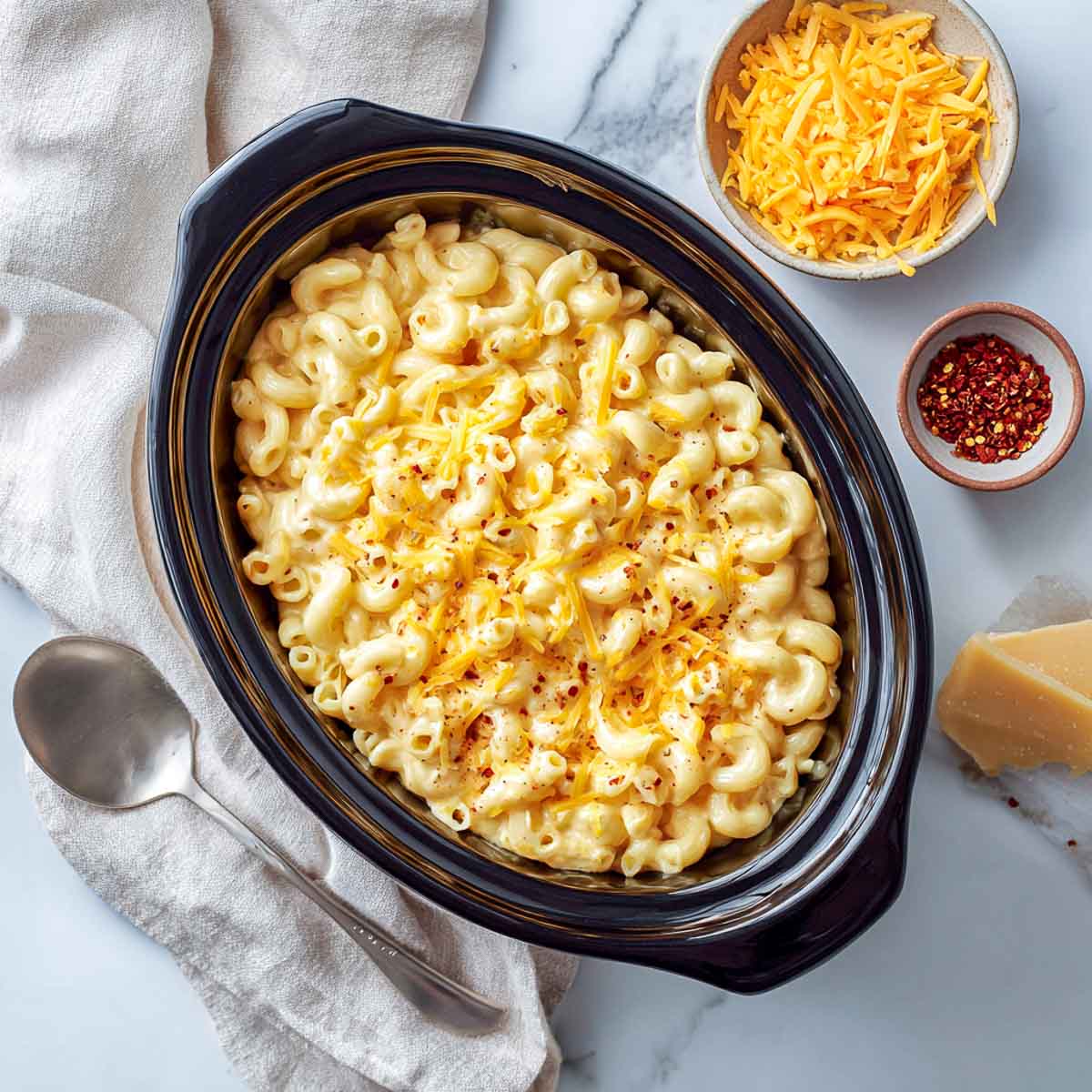 Slow cooker full of creamy cottage cheese mac and cheese with cheddar.
