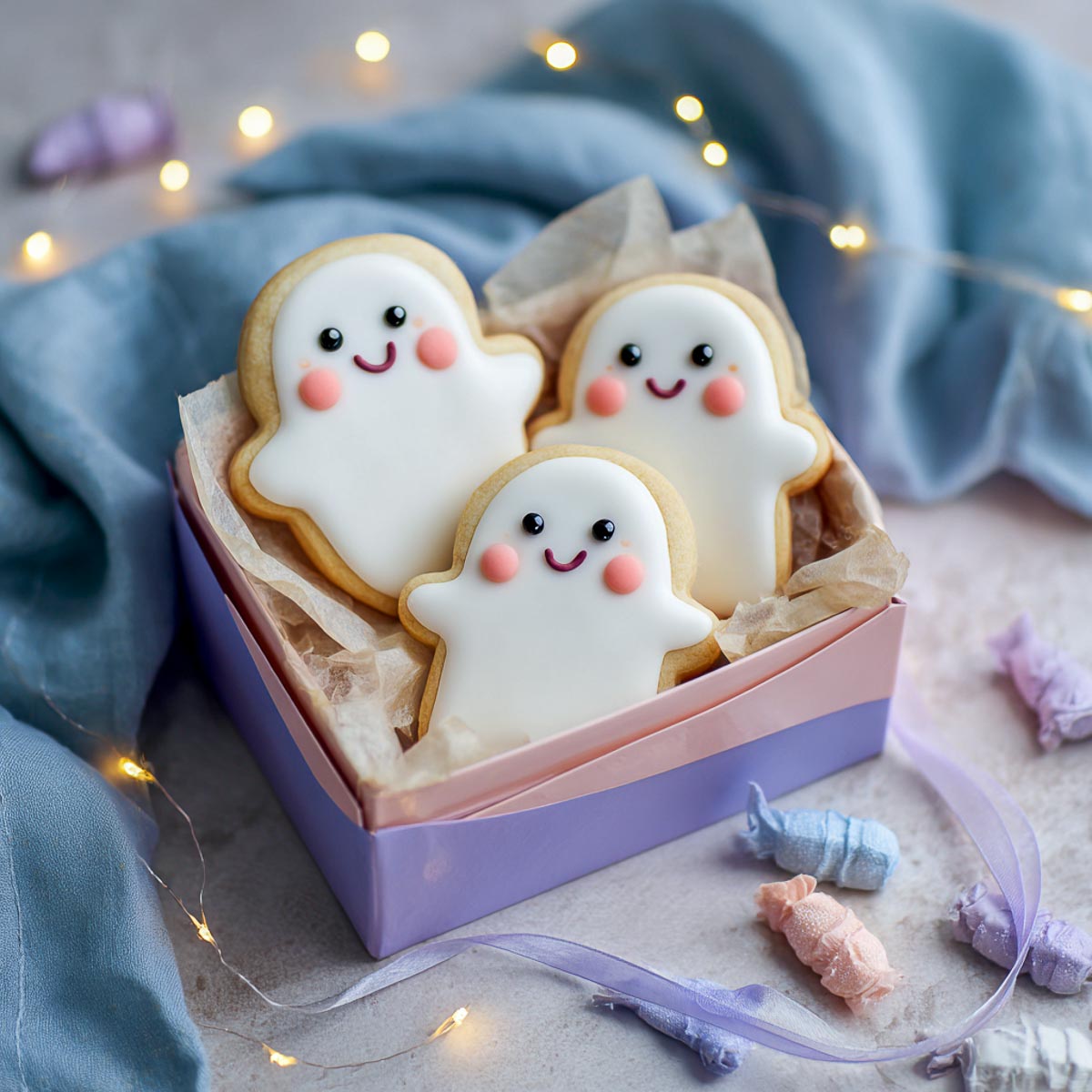 Gift box with ghost sugar cookies decorated with royal icing and lights.