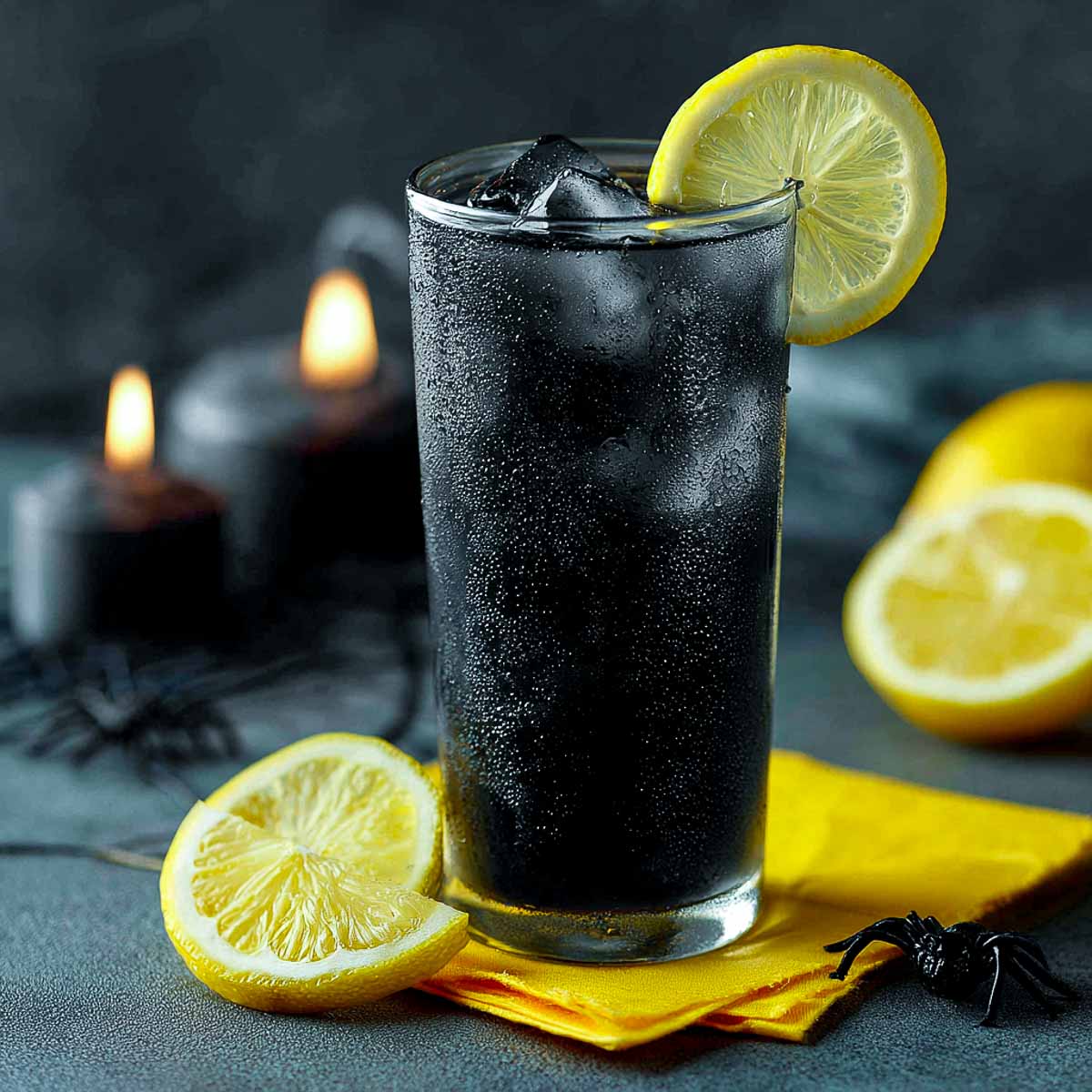 Black Halloween lemonade made with activated charcoal and fresh lemon.