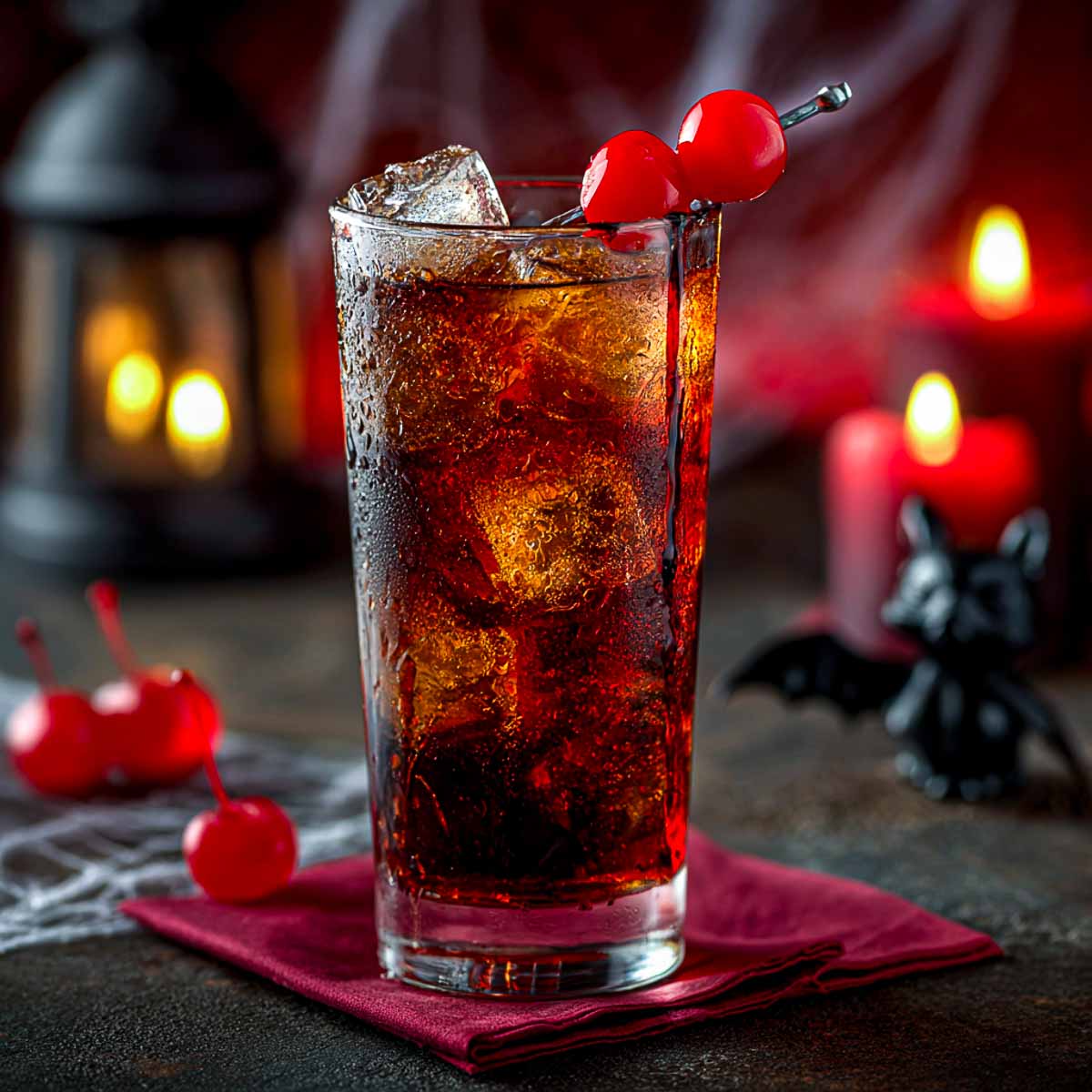 Dark cola cocktail with red grenadine drip, cherry garnish.