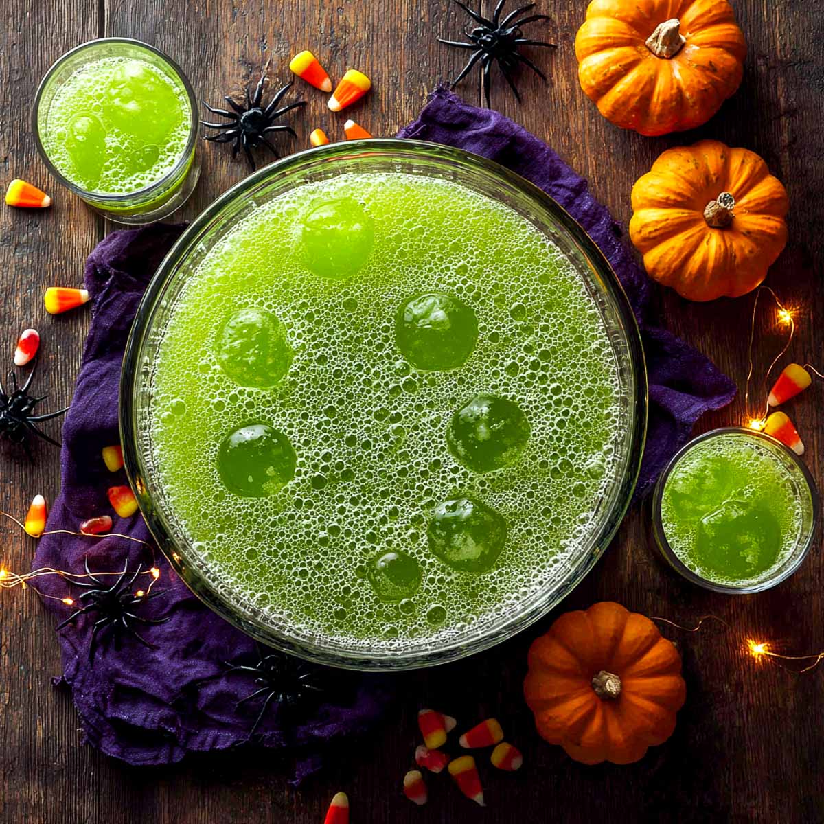 Bright green Halloween punch with lime sherbet scoops and soda.