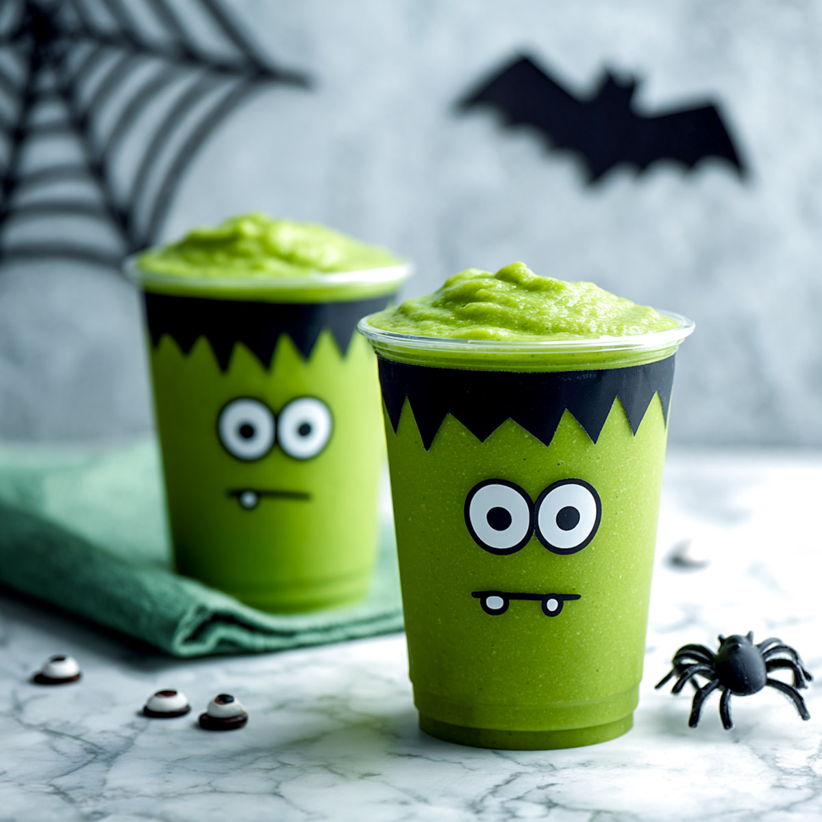 Frankenstein Halloween smoothie served in themed cups with spooky faces.