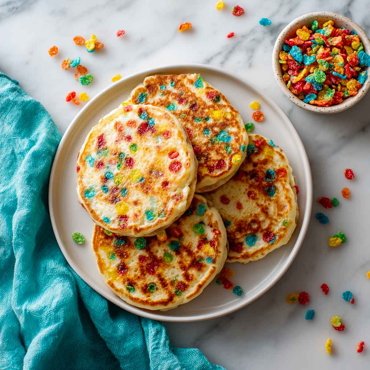 Fruity Pebble pancakes on a white plate with cereal scattered around.