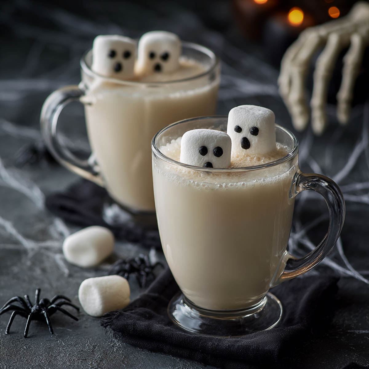 Two clear mugs of creamy white hot chocolate topped with marshmallow ghosts.