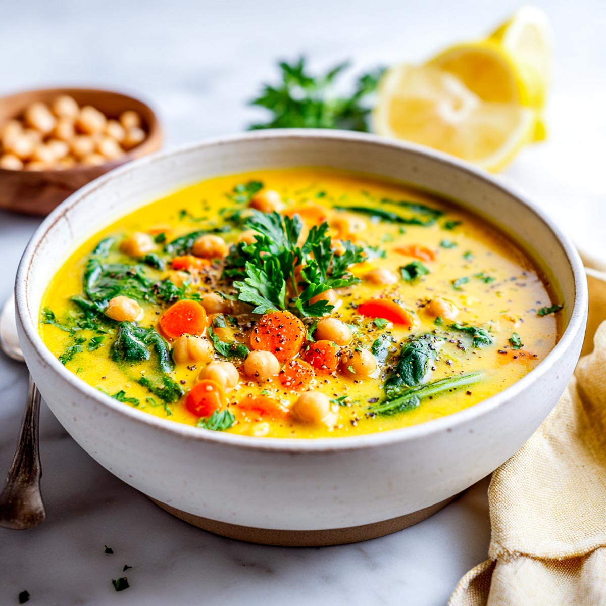 Bowl of golden turmeric chickpea soup with carrots, greens, and parsley.