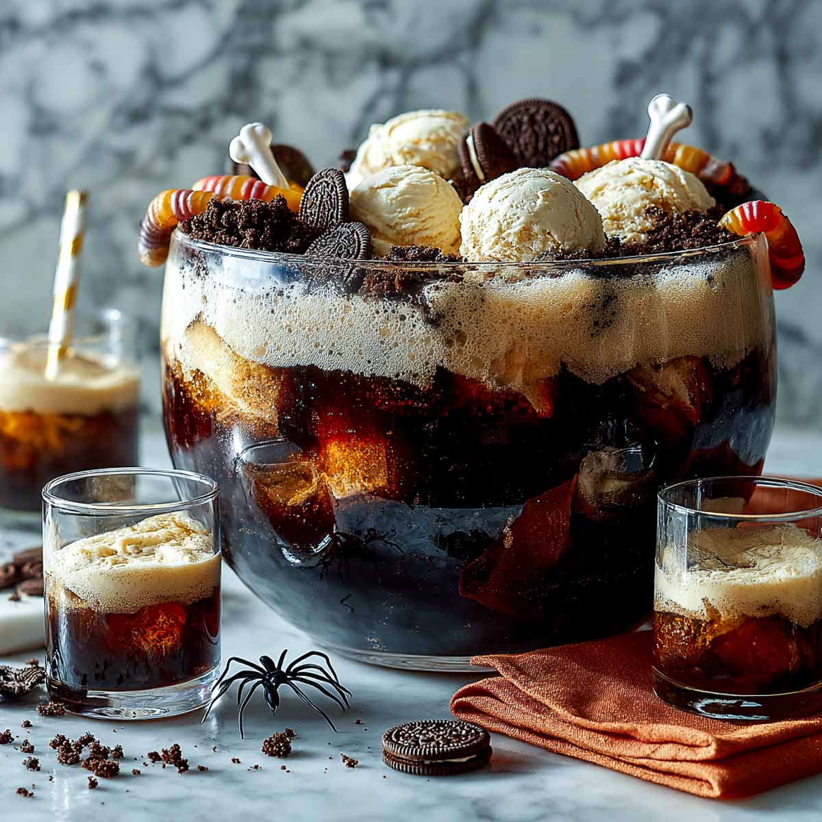 Halloween graveyard punch with root beer, ice cream, cookie dirt, and gummy worms.