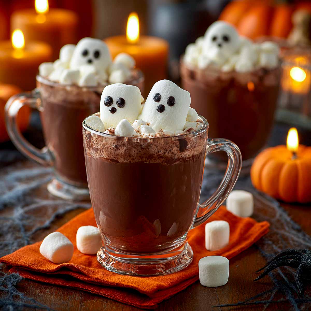 Haunted hot chocolate topped with ghost marshmallows in a clear glass mug.
