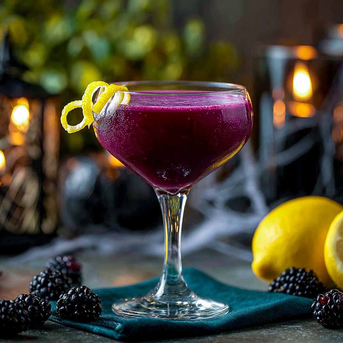 Purple Halloween cocktail with vodka, cranberry juice, and orange garnish.