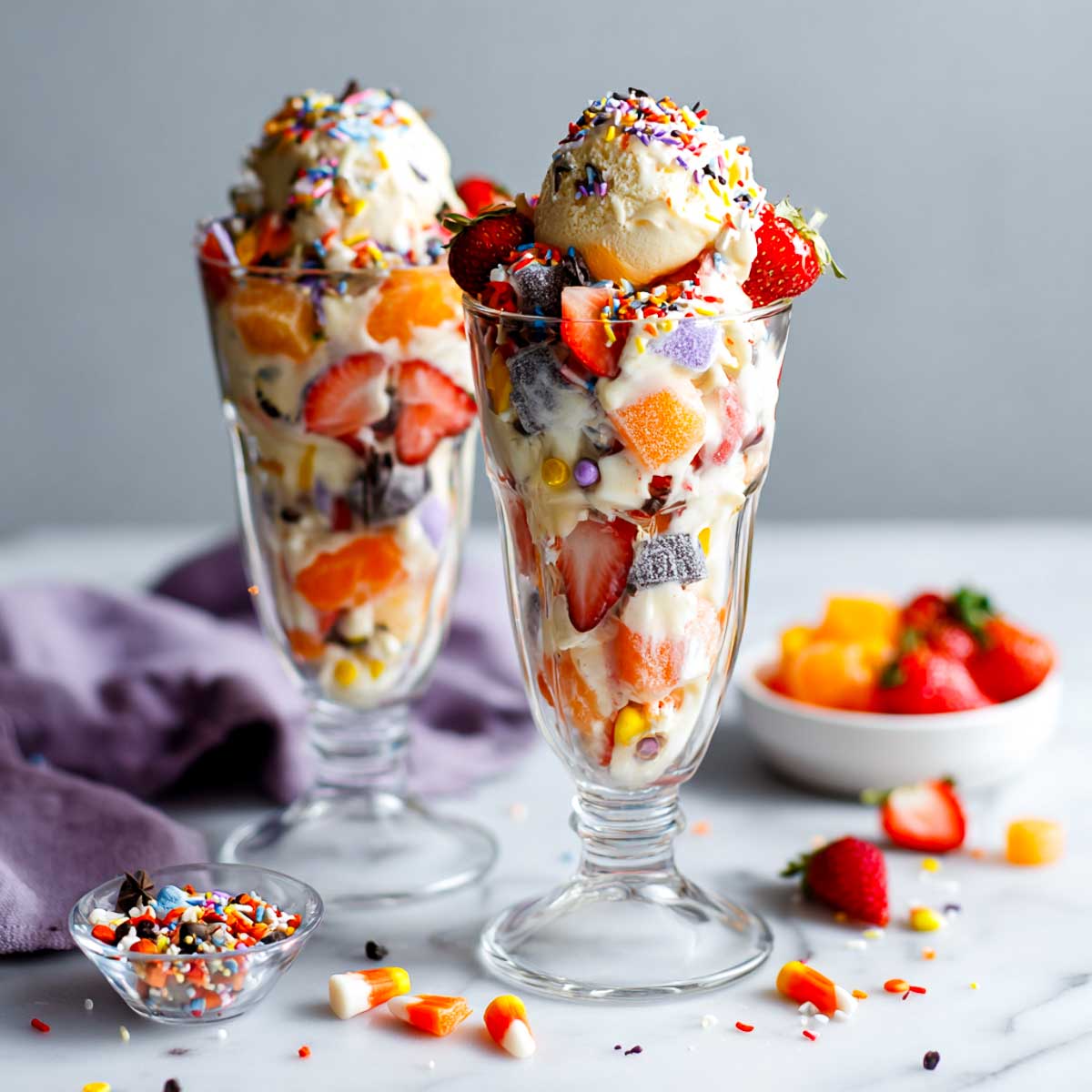 Ice cream sundaes layered with fruit, jelly cubes, candy, and sprinkles.
